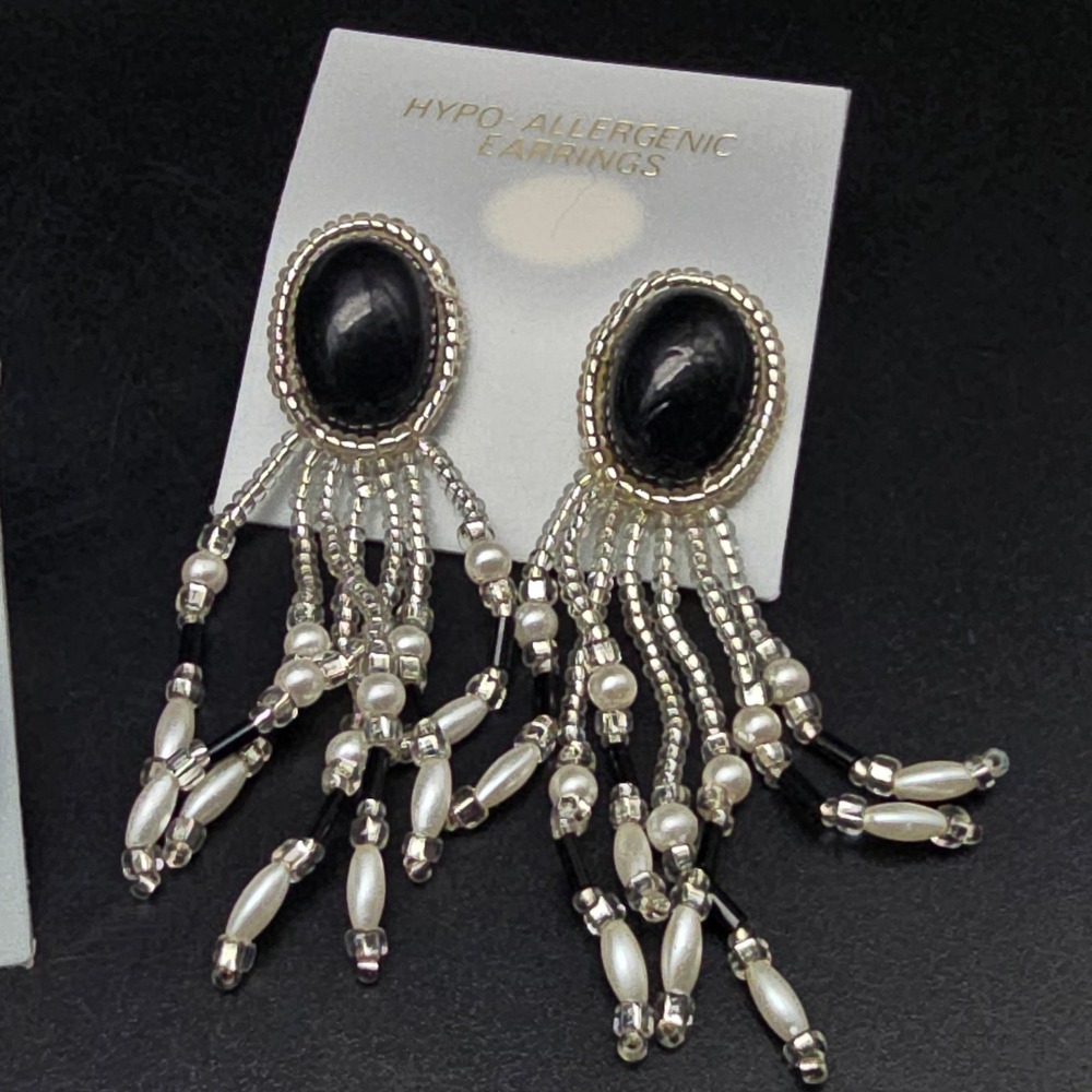 Black Faux Pearl Beaded Earrings Dangle Drop Fringe Vintage NOS NWT Hong Kong
